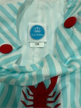 KREWE Aqua and White Striped Baby Romper with Red Lobster